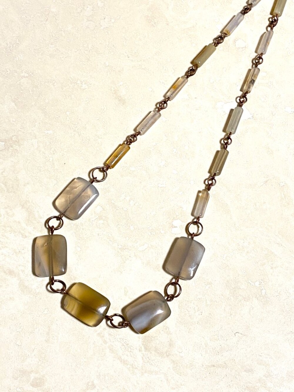 Geometric Earthy Agate Necklace, Genuine Gemstone Copper Link Necklace